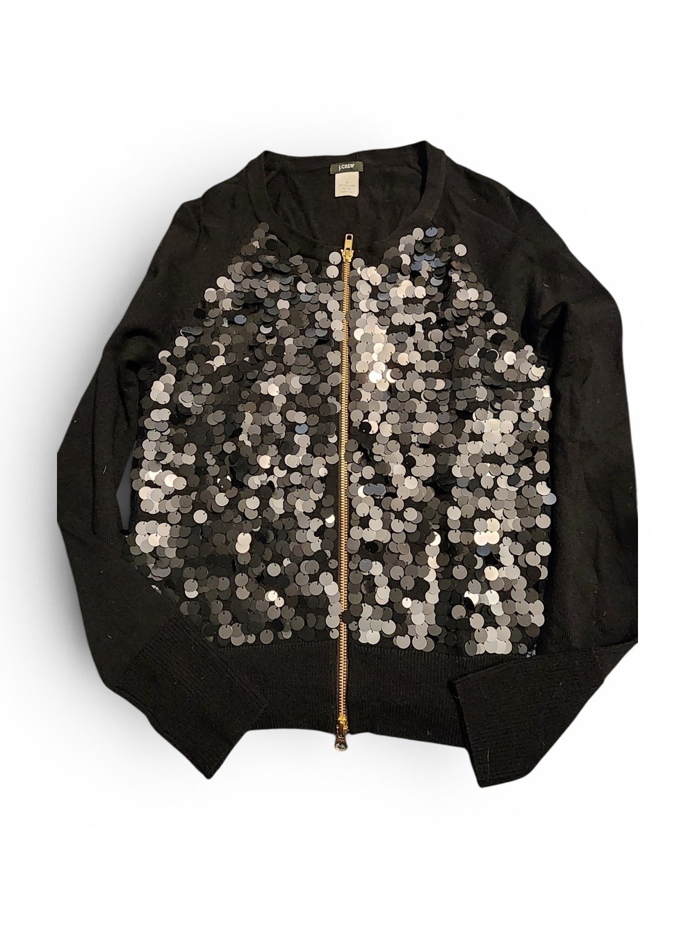 J. Crew Wool Black Sequin Zip Cardigan with Gold Hardware